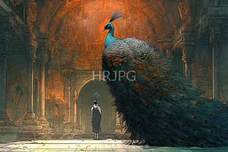 High Resolution: Ornate ancient temple with detailed stone carvings illuminated by warm orange light featuring a majestic peacock download. | HRJPG.com