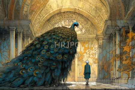 High Resolution: Elderly person with white hair standing beside a massive peacock in a grandiose architectural hall download. | HRJPG.com
