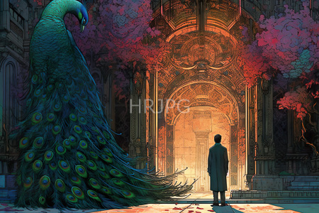 High Resolution: Enormous peacock with vibrant plumage standing beside a solitary figure in dark clothing facing grand archways download. | HRJPG.com