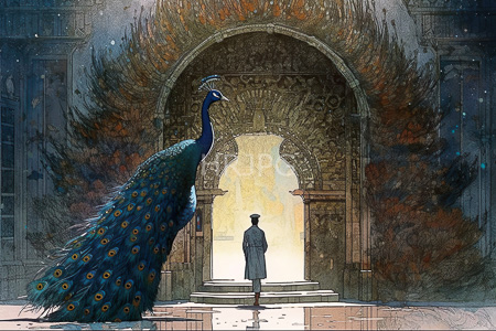 High Resolution: Elegant peacock with vibrant plumage standing beside a solemn figure in Victorian attire before an ornate archway download. | HRJPG.com