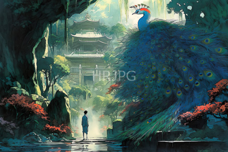 High Resolution: Ethereal forest scene with lush greenery and vibrant red foliage featuring a large peacock download. | HRJPG.com