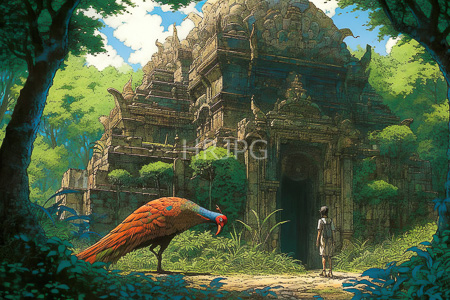 High Resolution: Ancient overgrown stone temple with intricate carvings and moss-covered details featuring a vibrant bird download. | HRJPG.com