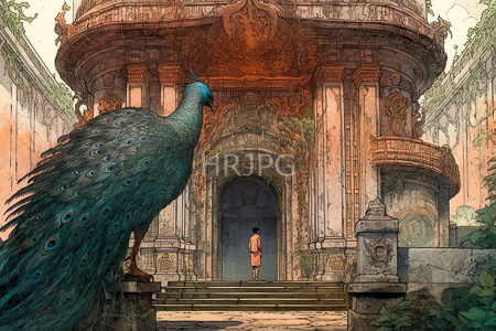 High Resolution: Ancient ornate temple with intricate carvings and weathered stone columns featuring a large peacock download. | HRJPG.com
