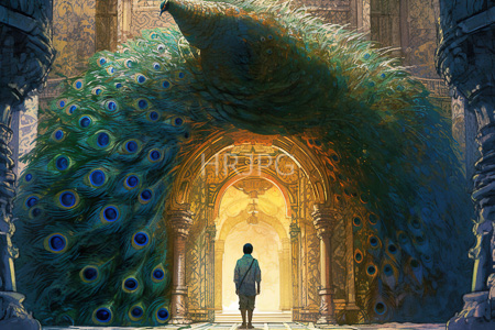 High Resolution: Asian man with short black hair standing before grand ancient arches adorned by enormous peacock feathers download. | HRJPG.com