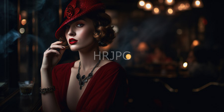High Resolution: Elegant woman with fair skin wearing vintage-style curly blonde hair under a glittery deep-red hat download. | HRJPG.com