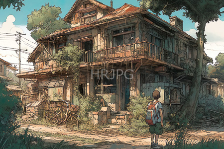 High Resolution: Anime style drawing of a young boy with short brown hair standing before a dilapidated two-story house download. | HRJPG.com