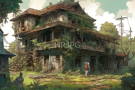 High Resolution: Anime style drawing of a dilapidated two-story house overgrown with vines and moss download. | HRJPG.com