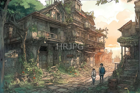 High Resolution: Anime style drawing of two children walking on a cobblestone street at sunset past dilapidated multi-story buildings download. | HRJPG.com