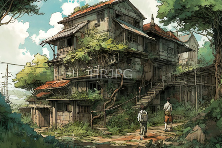 High Resolution: Anime style drawing of two men walking up steps to a large weathered wooden house download. | HRJPG.com
