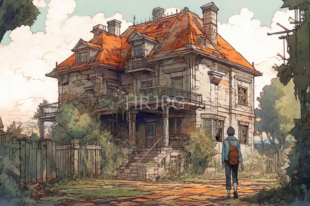 High Resolution: Anime style drawing of a weathered two-story house with red-orange roof tiles standing amidst overgrown vegetation download. | HRJPG.com