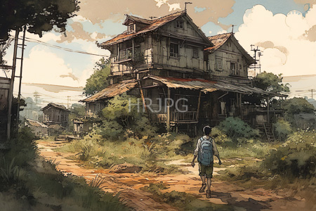 High Resolution: Anime style drawing of a young boy walking on a dirt path towards weathered wooden houses download. | HRJPG.com