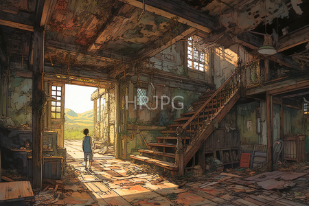 High Resolution: Abandoned dilapidated building with sunlit windows casting shadows on cracked floors and peeling walls download. | HRJPG.com