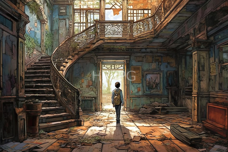 High Resolution: Abandoned sunlit mansion with peeling blue walls and cracked wooden floors featuring an ornate spiral staircase download. | HRJPG.com