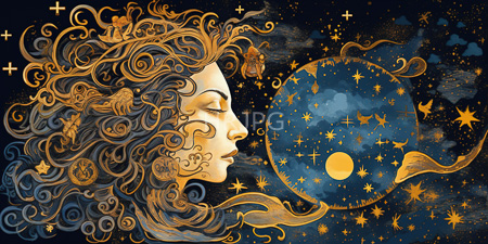 High Resolution: Ethereal golden-haired woman in profile with closed eyes against a dark blue starry night background download. | HRJPG.com