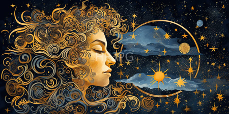 High Resolution: Ethereal golden-haired woman with closed eyes and intricate curly hair flowing into swirling patterns download. | HRJPG.com