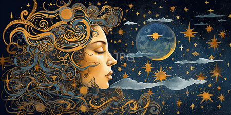 High Resolution: Ethereal golden-hued female face with closed eyes and flowing curly hair blending into intricate swirls download. | HRJPG.com