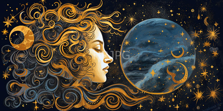 High Resolution: Ethereal golden-haired female face in profile gazing at a blue moon adorned with stars download. | HRJPG.com