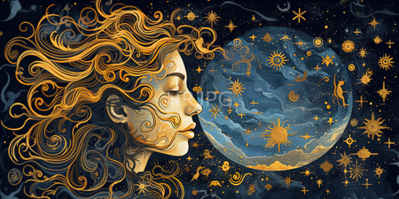 High Resolution: Ethereal golden-haired woman with closed eyes facing left towards a glowing blue planet download. | HRJPG.com
