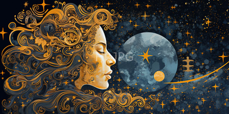 High Resolution: Ethereal golden-hued female profile with flowing curly hair blending into swirling patterns download. | HRJPG.com