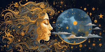 High Resolution: Ethereal golden-haired female sun face with closed eyes and intricate curls beside a large blue moon download. | HRJPG.com