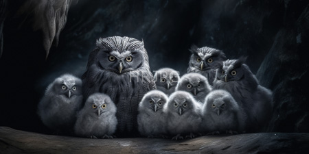 High Resolution: Eleven fluffy grey owlets with large yellow eyes clustered around an adult owl on a wooden perch download. | HRJPG.com