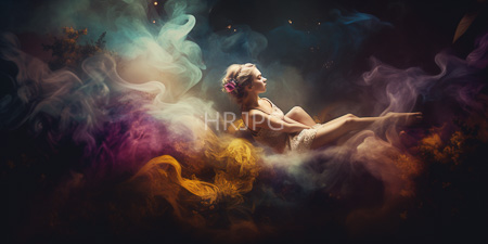 High Resolution: Ethereal light-skinned woman with blonde hair floating amidst swirling smoke clouds colored blue pink yellow and orange download. | HRJPG.com