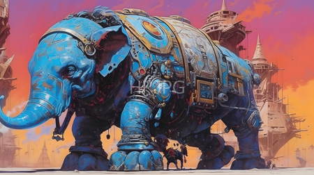 High Resolution: Enormous blue mechanical elephant adorned with gears and panels in steampunk style download. | HRJPG.com