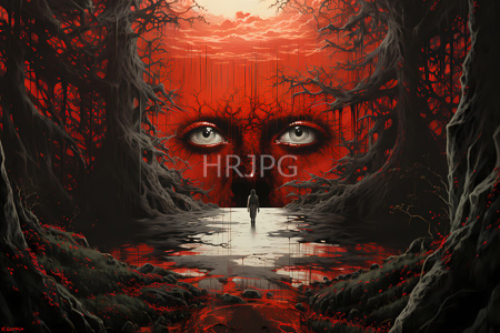 High Resolution: Eerie forest scene with dark twisted trees and red-illuminated atmosphere featuring large glowing eyes download. | HRJPG.com