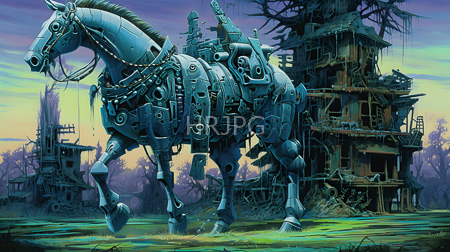 High Resolution: Intricately detailed mechanical horse with metal gears and joints walking before dilapidated wooden structures download. | HRJPG.com