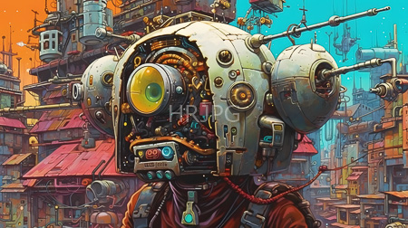 High Resolution: Intricate steampunk-style robot with large yellow eye and exposed mechanical components against a vibrant cityscape background download. | HRJPG.com
