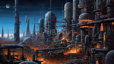 High Resolution: Intricate futuristic cityscape of towering cylindrical and dome-shaped structures with glowing orange lights download. | HRJPG.com