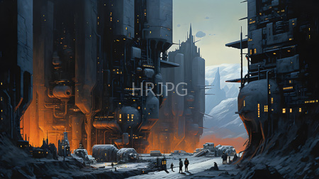 High Resolution: Industrial sci-fi cityscape with towering metallic skyscrapers illuminated by orange lights against twilight sky download. | HRJPG.com