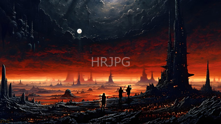 High Resolution: Three silhouetted figures standing on rocky terrain under an orange-red sky surrounded by towering black spires download. | HRJPG.com