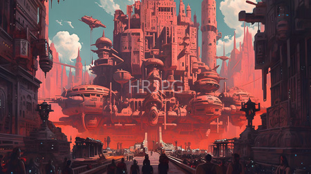 High Resolution: Intricate towering futuristic cityscape in red and pink hues with numerous spherical structures stacked atop each other download. | HRJPG.com