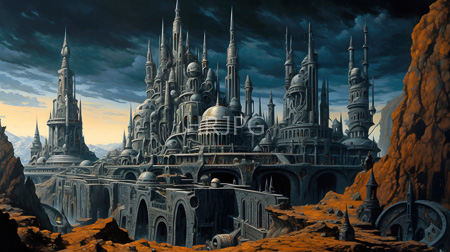 High Resolution: Elaborate futuristic cityscape featuring numerous towering spires and domes with intricate architectural details download. | HRJPG.com
