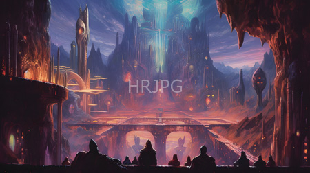 High Resolution: Ethereal futuristic cityscape at dusk with towering spires and glowing structures under vibrant purple-blue skies download. | HRJPG.com