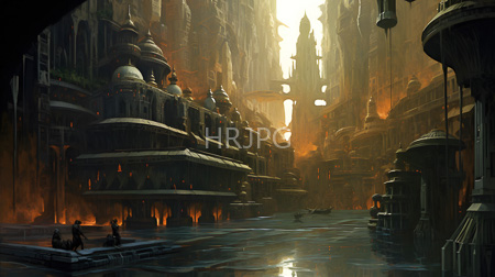 High Resolution: Ancient futuristic cityscape with towering domed buildings and intricate architecture bathed in warm orange sunlight download. | HRJPG.com