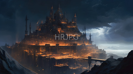 High Resolution: Enormous intricately detailed castle-like structure illuminated by glowing orange lights against dark clouds and misty mountains download. | HRJPG.com
