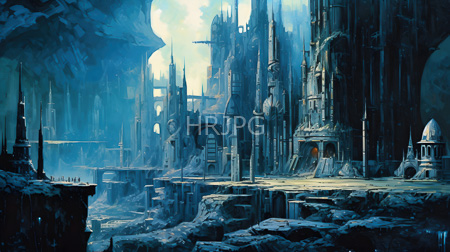 High Resolution: Ancient ruined cityscape in dark blue and gray tones with towering Gothic-style buildings download. | HRJPG.com
