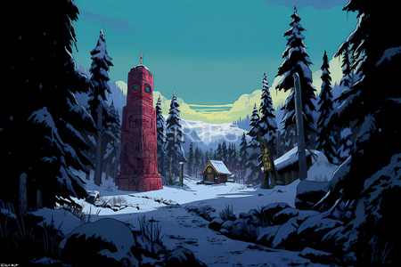 High Resolution: Snowy forest at dusk featuring tall evergreen trees and two wooden cabins in the background download. | HRJPG.com