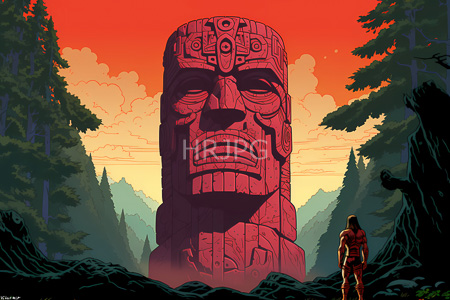 High Resolution: Imposing red stone statue with intricate carvings resembling Polynesian artistry standing in a forested valley download. | HRJPG.com