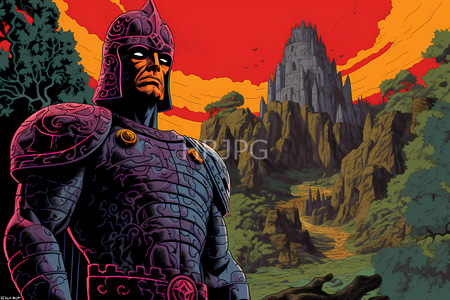 High Resolution: Comic-style illustration featuring an armored warrior with dark purple intricately patterned armor and helmet download. | HRJPG.com