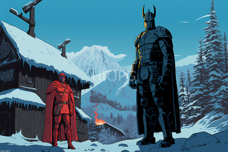 High Resolution: Comic-style illustration featuring Batman and Red Hood standing in snowy mountain village download. | HRJPG.com