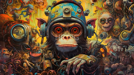 High Resolution: Anthropomorphic monkey with large red eyes wearing steampunk-style headphones amidst a chaotic background download. | HRJPG.com