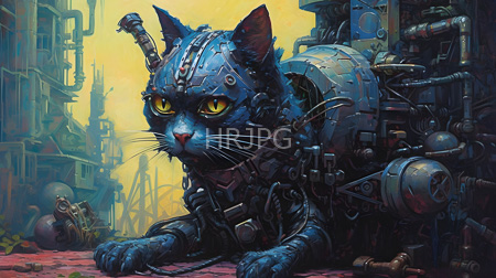 High Resolution: Anthropomorphic blue-furred cat with yellow eyes and mechanical parts integrated into its body in steampunk style download. | HRJPG.com