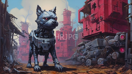 High Resolution: Anthropomorphic robotic grey dog with red eyes standing in front of industrial ruins and machinery download. | HRJPG.com