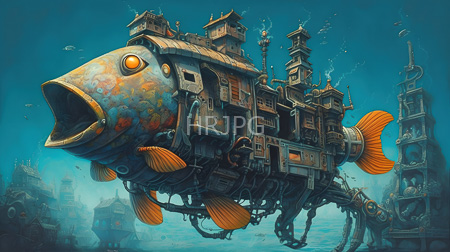 High Resolution: Enormous fish-shaped floating city with intricate mechanical details and orange fins in turquoise underwater setting download. | HRJPG.com