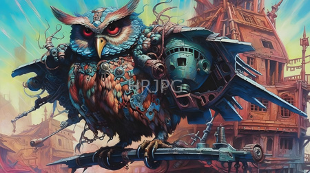 High Resolution: Anthropomorphic owl with red eyes wearing steampunk armor and mechanical wings on top of a futuristic cityscape background download. | HRJPG.com