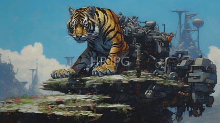 High Resolution: Enormous realistic tiger with vivid orange and black stripes prowling atop intricate steampunk machinery download. | HRJPG.com