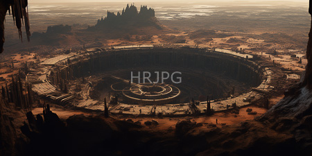High Resolution: Ancient circular stone amphitheater with intricate patterns on its central floor surrounded by rugged terrain download. | HRJPG.com